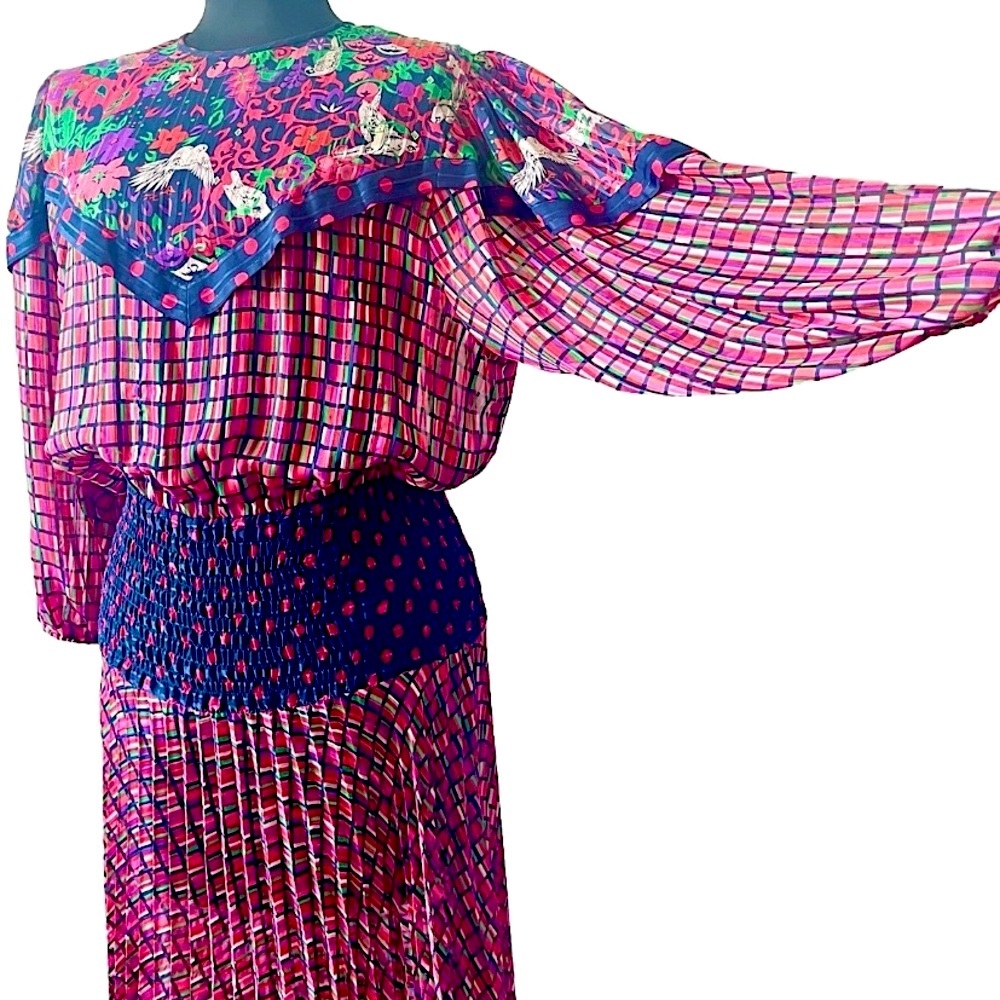 Diane Freis Dress 1980s Vintage Designer Dress Trendy Colorful Pleat Ruche Waist - Picture 5 of 10